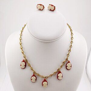 VINTAGE Red plastic cameo brass-plated dangle necklace & screw-back earring set